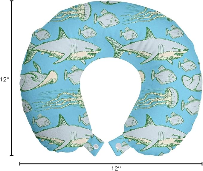 Ambesonne Shark Travel Pillow Neck Rest, Sea Creatures in Vintage Style Swimming Flatfish Stingray and Jellyfish, Memory Foam Traveling Accessory for Airplane and Car, 12", Pale Blue Grey Green