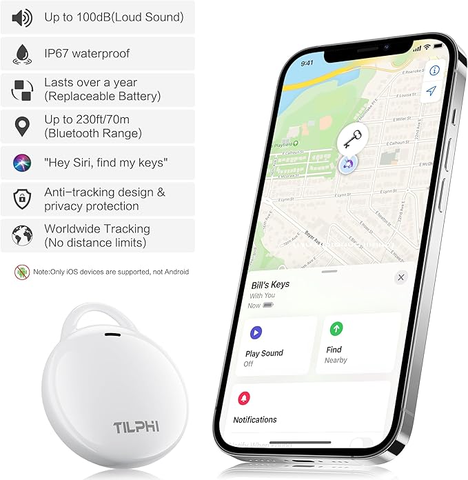 Air Tracker Tags-1 Pack: Bluetooth Tracker Works with Apple Find My (iOS Only), Key Finder and Smart Tag Locator for Luggage, Backpack, Suitcases, Pets, Replaceable Battery(White)