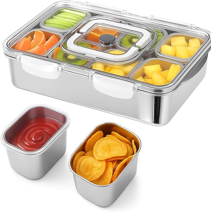 Stainless Steel Snackle Box Container, 8 Compartment Divided Serving Tray with Lid and Handle, Portable Snack Platters Storage Organizer for Fruit Candy Nuts Veggie Travel Party Picnic