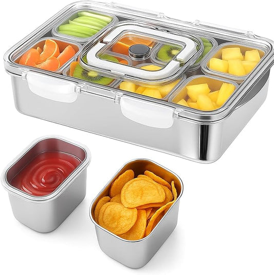 Stainless Steel Snackle Box Container, 8 Compartment Divided Serving Tray with Lid and Handle, Portable Snack Platters Storage Organizer for Fruit Candy Nuts Veggie Travel Party Picnic