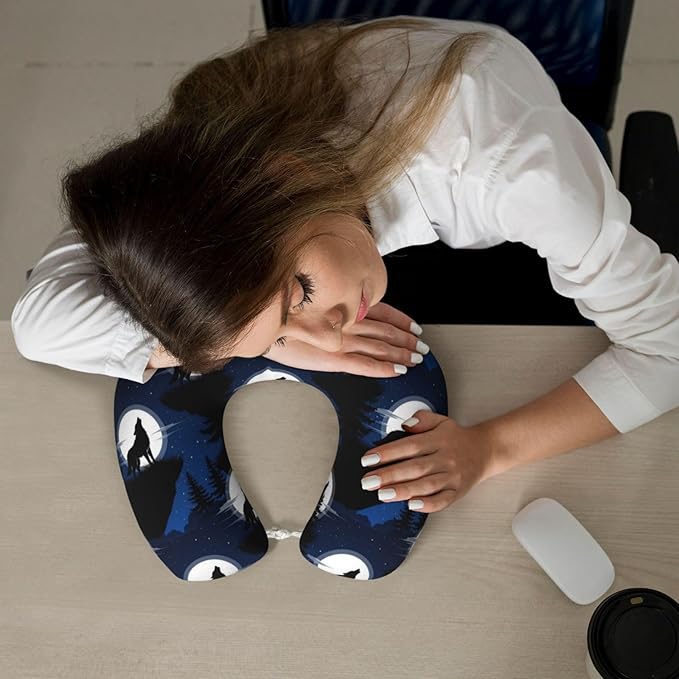 Neck Support Pillow, Comfortable Memory Foam Car/Flight/Airplane Chin Pillows U Shaped Cushion for Office Travel Sleeping Wolf Howling On The Full Moon