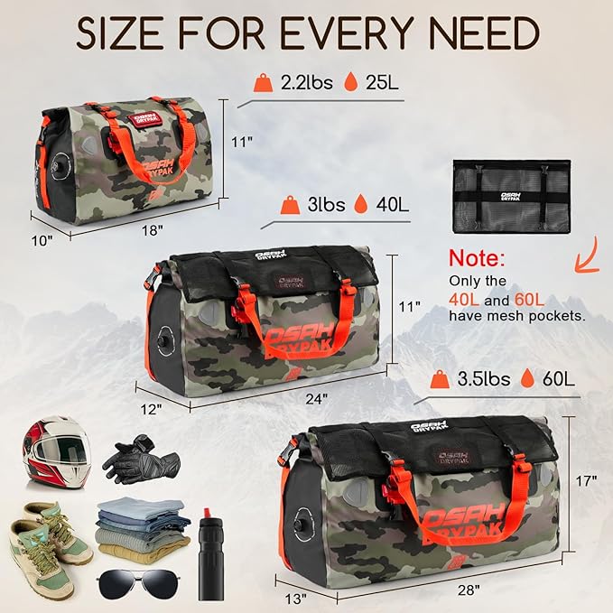 Waterproof Duffel Bag - Motorcycle Dry Bag Tail Bag with Large Storage Space, Waterproof Luggage Duffle Bags with Outer Mesh Zipper Pocket for Camping, Kayaking, Fishing & Traveling