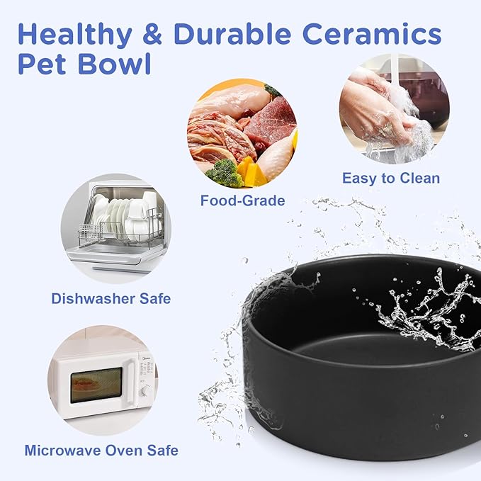 SPUNKYJUNKY Elevated Dog Bowls Ceramic, 5.1'' Dogs and Cat Food Water Bowls Raised with Non-Slip Bamboo Stand for Puppy Small Sized Breed Microwave Dishwasher Safe - 13.5 OZ,Black