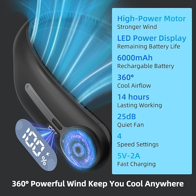 Portable Neck Fan,Hands Free Personal Wearable Bladeless Fan,6000mAh USB Rechargeable,360° Cooling,LED Display,4-Speeds,Birthday Gifts for Men Women Dad Mom,Stocking Stuffers Christmas Gifts (Black)