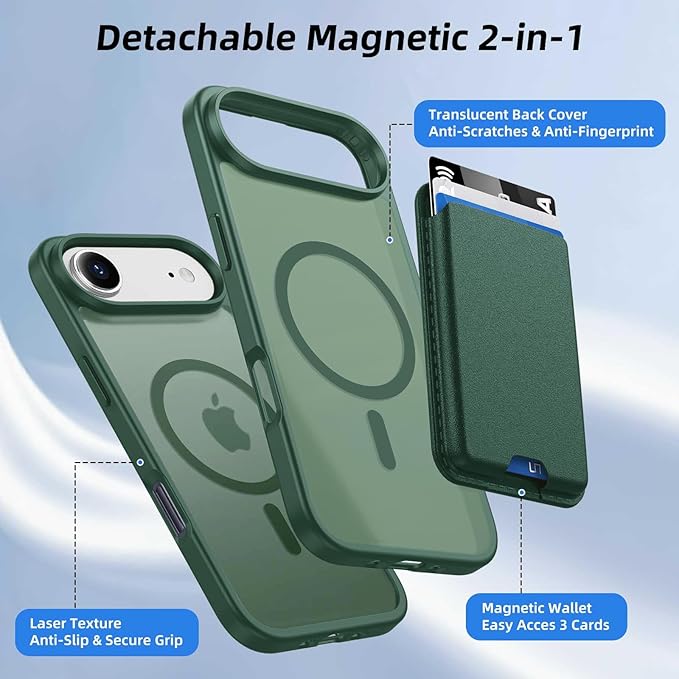Ntwinro Magnetic for iPhone Air Case (Compatible with MagSafe) with Detachable Wallet & Card Holder for 3 Cards [RFID Blocking] Military Grade Protective Slim Phone Cover for 17 Air 2025, Green