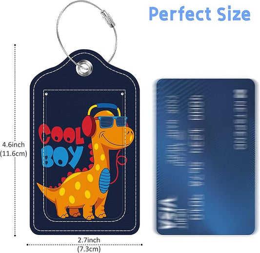 2 Pack Luggage Tags for Suitcase Cartoon Cool Dinosaur Leather Stainless Steel Loop Label Tags for Women Men Travel Bag Suitcase with Privacy Cover Name ID Card