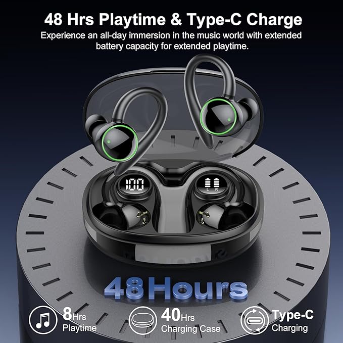 Wireless Earbuds, Bluetooth 5.4 Headphones Sport, Over Ear Buds With ENC Noise Cancelling Mic, 48H, Wireless Earphone With Earhooks, Stereo Deep Bass, IP7 Waterproof Headset for Workout Running, Black