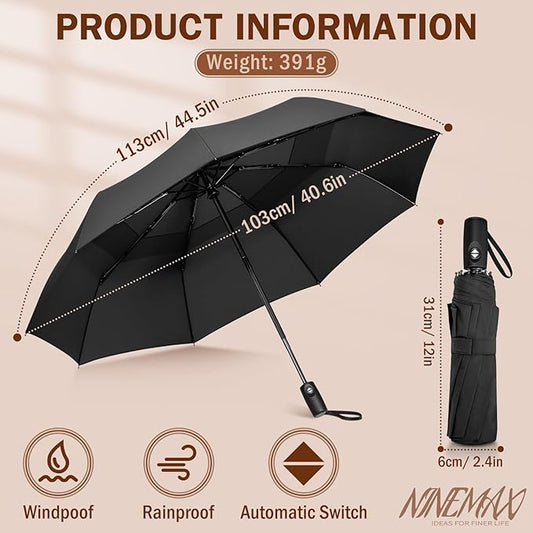 NINEMAX Windproof Travel Umbrella for Rain, Automatic Umbrellas Double Canopy Vented Compact for Men Women(Black)