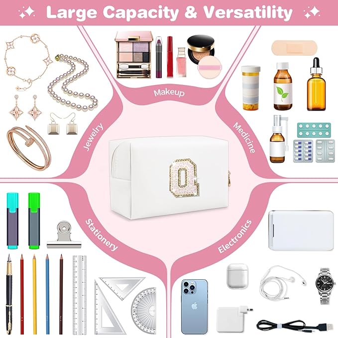 Small Initial Patch Makeup Bag Personalized Gifts Make Up Bag,White Cute PU Leather Glitter Letter Cosmetic Bag with Zipper,Trendy Portable Travel Toiletry Pouch,Preppy Stuff for Teen Girls Women Q