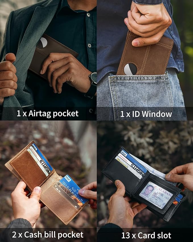Mens Wallet With AirTag Holder, Bifold Leather RFID Blocking 1-2 ID Windows 12-13 Card Holders, Gift Box and Screen Protector Included, AirTag Not Included
