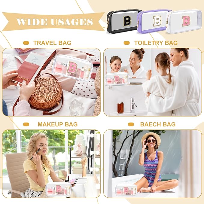 Personalized Initial Letter Clear Makeup Bag,Preppy Small Nylon&PVC Cosmetic Zipper Bag with Chenille Letter,Travel Skincare Toiletry Bag,Monogram Christmas Gift for Teen Girls Women,B