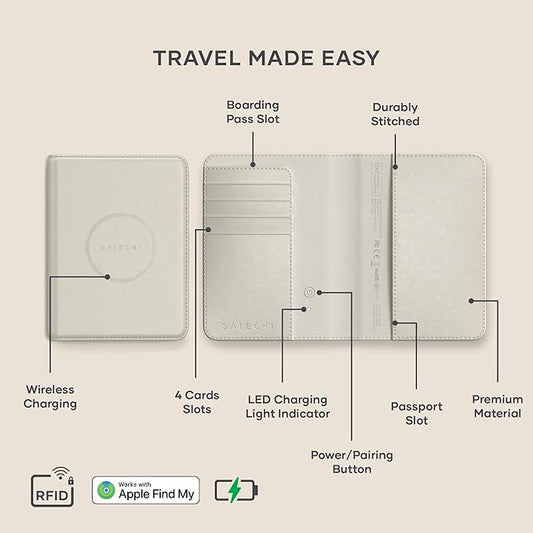 Satechi Passport Holder for Travel with Find My, Passport Cover with 4 Card Holder, Wireless Charging, and RFID protection – Travel Essential Vegan Leather Passport– Sand
