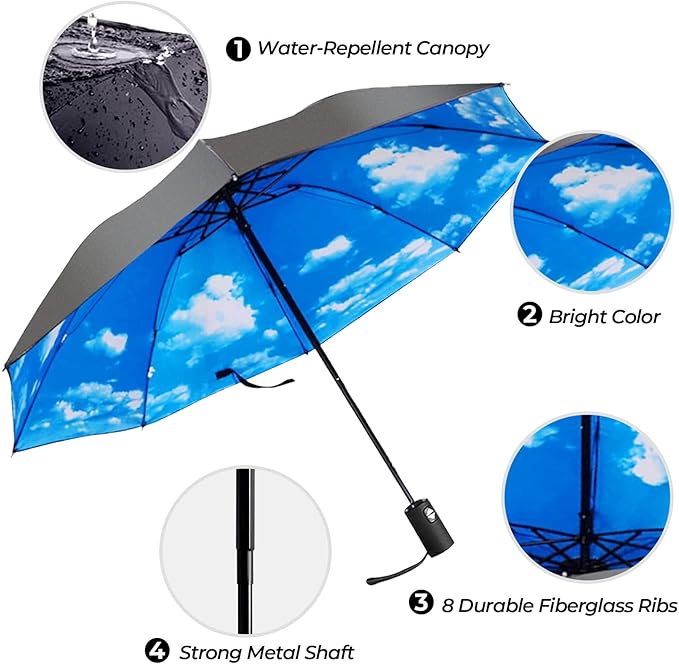 LLanxiry Compact Travel Umbrella, 44" Canopy, Automatic Open/Close Windproof Umbrella, 210T Pongee, 8-Rib Fiberglass, Travel Size Mini, Portable Rain/Sun Umbrellas UPF 50+ with Cover