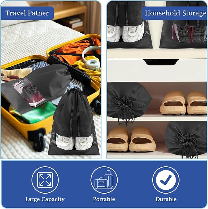 18 Pack Shoe Bags for Travel, Large Travel Shoe Bags for Packing with Clear Window, Dustproof Drawstring Travel Shoe Storage Bags Travel Essentials for Men & Women, Black