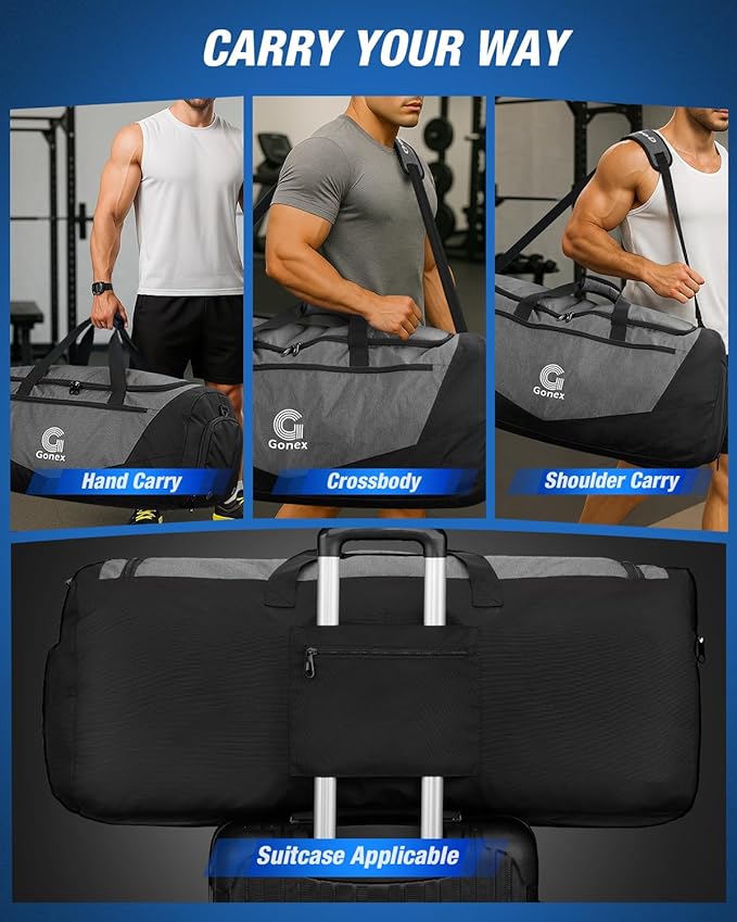 Gonex Gym Duffel Bag with Shoe Compartment Wet Pocket, Large Capacity Sports Duffle Bag for Men Women, Workout & Travel Bag with Multiple Pockets, Black/Gray, Large (100L)