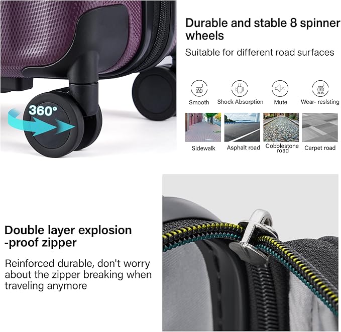 Hanke 20 Inch Expandable Carry on Luggage 22x14x9 Airline Approved Lightweight PC Hard Shell Suitcases with Wheels Tsa Luggage Rolling Suitcase Travel Luggage Bag for Weekender(Purple)