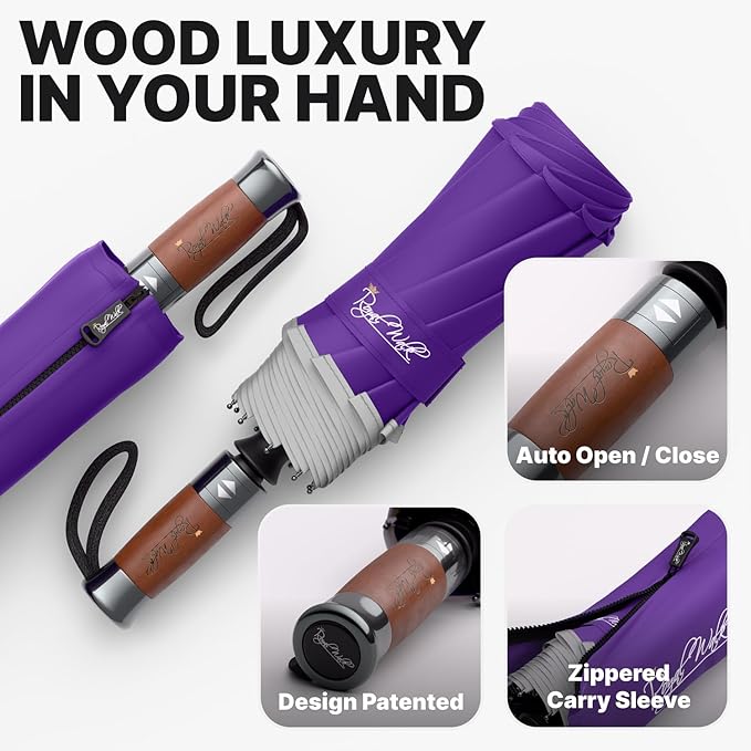 Royal Walk Windproof Folding Travel Umbrella Compact and Strong Luxurious Real Wood Handle Automatic Open Close Vented Double Canopy for Men and Women