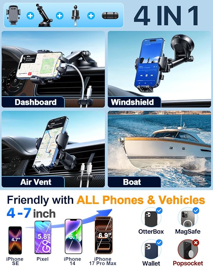 YRU True Military-Grade [360° Rotation Suction] 2025 Ultimate Car Phone Holder Mount 【90+LBS Safest Strongest & Patent Certs】 Dashboard Windshield Vent for iPhone 17 16 Pro Max Samsung, Matt Black