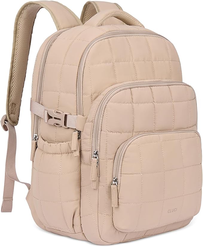 CLUCI 17.3 Inch Laptop Backpack for Women, Anti Theft Travel Backpack, Puffer Quilted Work Backpack, Water Resistant College Bookbag, Carry on backpack with RFID (Khaki)