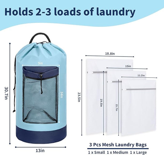 Laundry Bag Backpack with 3 Sizes Mesh Wash Bags and Shoulder Straps Foldable Clothes Hamper Bag with Drawstring Closure for College, Apartment, Laundromat (Light Blue)