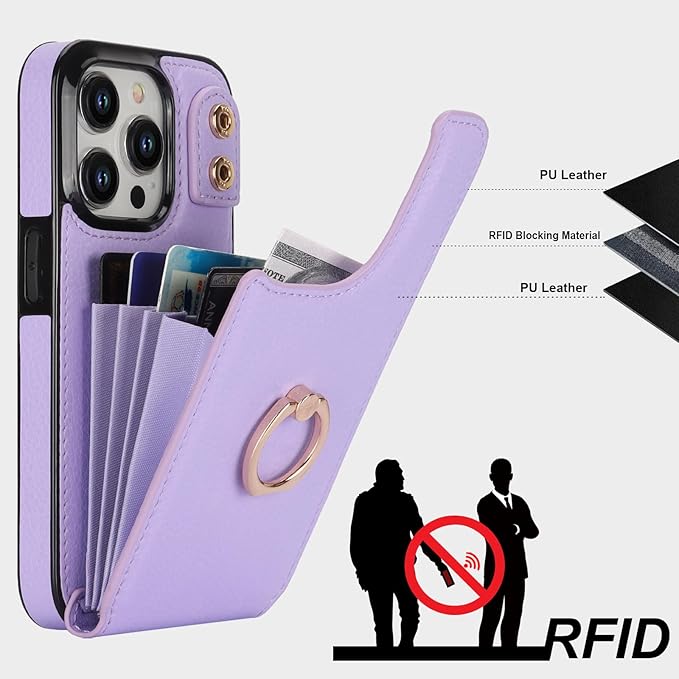 Folosu Compatible with iPhone 15 Pro Case Wallet with Card Holder, 360°Rotation Finger Ring Holder Kickstand, RFID Blocking Leather Protective Double Buttons Shockproof Cover 6.1 Inch Purple