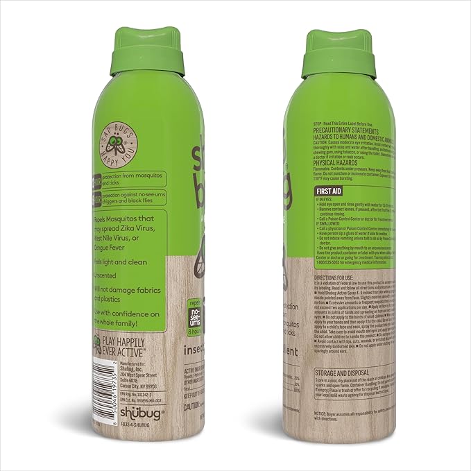 Shubug Active Insect Repellent Spray with Picaridin, DEET Free Mosquito and Tick Protection, Long Lasting Up to 12 Hours, Unscented, 6oz (Pack of 2)
