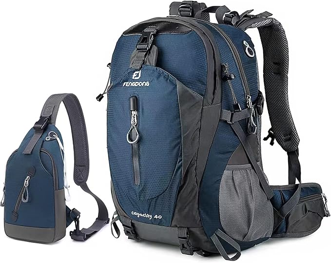 FENGDONG 40L Hiking Backpack,Crossbody Bag Lightweight Outdoor Daypack Camping,Travel Backpack for Men Women Blue