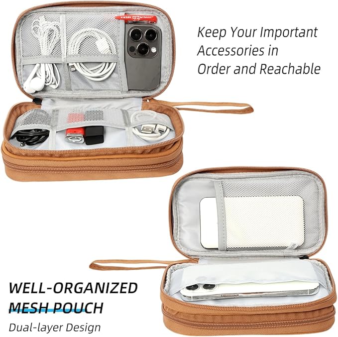 Travel Cable Organizer Pouch Electronic Accessories Carry Case Water Resistant Accessories Organizer Pouch Bag for Cable, Cord, Charger, USB, Phone, Power Bank, Earphone (Brown, Medium)