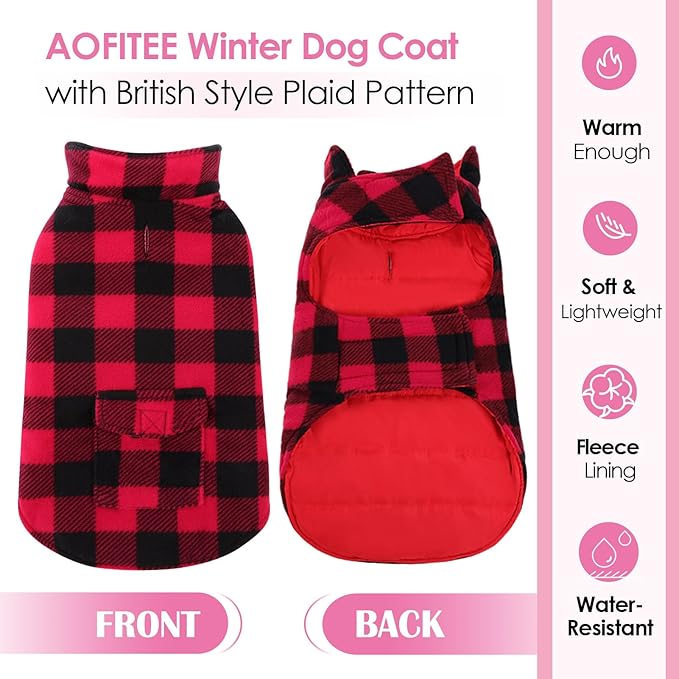 AOFITEE Dog Coat Plaid Dog Winter Coat for Large Dogs, Warm Dogs Jacket Christmas Sweater, Waterproof Pet Puffer Jacket, Reversible Pet Cold Weather Coats for Small Medium Large Pets, Red XXL