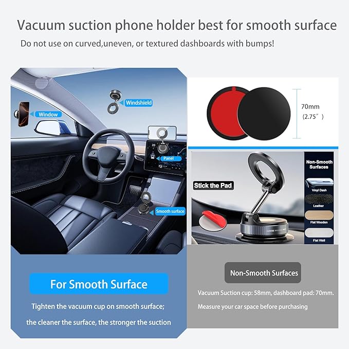 Vacuum Suction Magnetic Phone Holder, 2025 Upgraded Foldable Retractable Suction Cup Car Phone Mount for Magsafe, 360° Adjustable Magnetic Phone Stand for Cars/Gyms/Mirrors/Smooth Surface