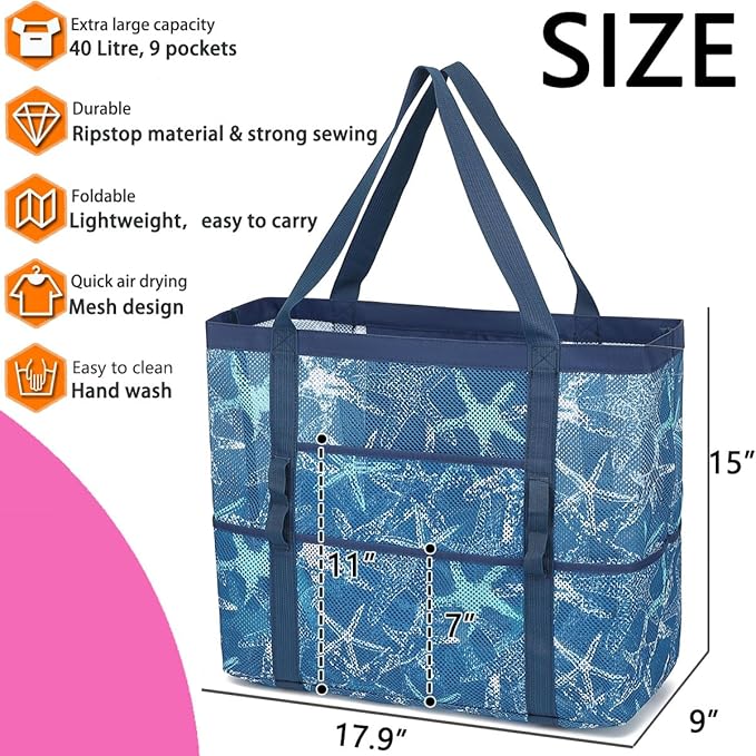 Mesh Beach Bag, Large Beach Tote with Zipper Pocket for Family Pool Bag for Toys & Vacation Essentials