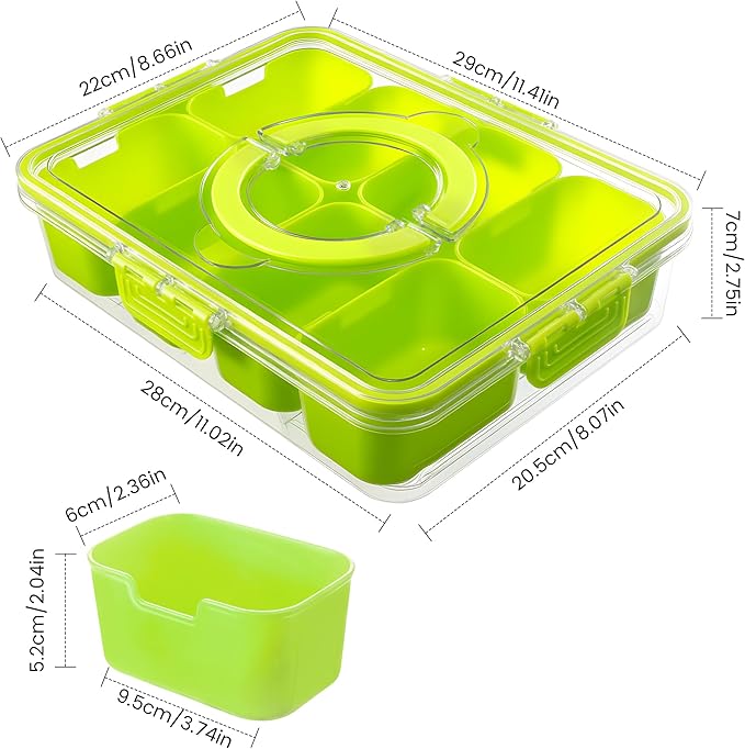 Divided Serving Tray with Lid and Handle - Snackle Box Charcuterie Container for Portable Snack Platters Organizer for Candy, Fruits, Nuts, Snacks - Perfect for Party, Entertaining, Green