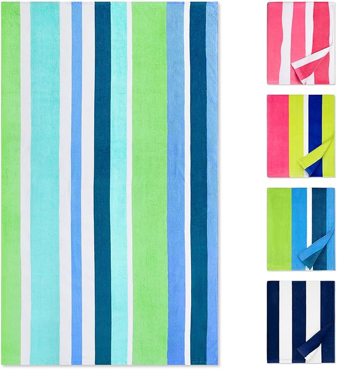 cabanana Large Beach Towel Oversized - Cotton Velour 35 x 70 Inch Rainbow Striped Terry Pool Towel, Cabana Soft Swimming Towel for Adults Women Men (Rainbow Blue)