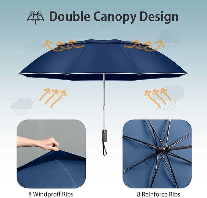 Urvoix Travel Umbrella Compact Windproof - Vented Double Canopy Umbrellas for Rain, Portable Umbrella Inverted Automatic Open Close with Reflective Strip