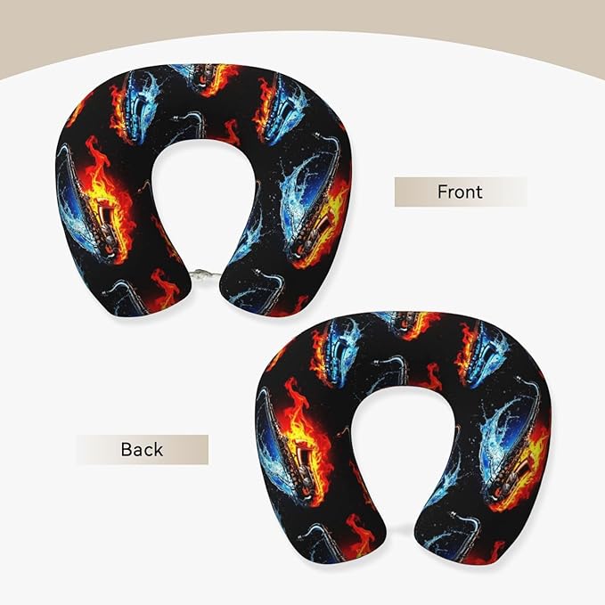 Neck Pillows for Travel Water Fire Saxophone, Women and Men Airplane Car Pillow, Neck Support U Shaped Pillow for Rest Pain Relief Sleeping