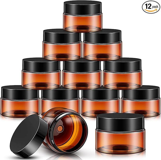 SATINIOR 12 Pack 32 oz Plastic Container Jars with Lids Round Clear Travel Cosmetic Container Jars for Toiletries, Lotion, Cream, Ointments, Makeup, Rhinestone, Samples, Kitchen Storage(Amber)