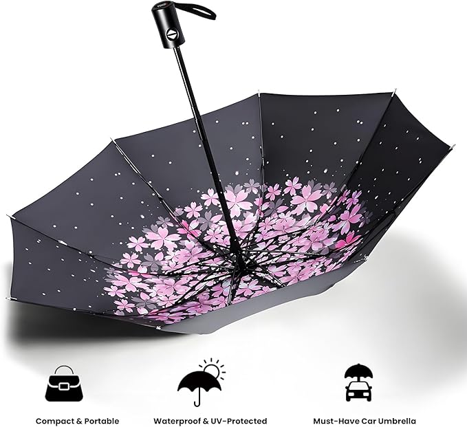 SIEPASA Compact Travel Umbrella - Windproof Auto Open/Close, Lightweight Folding Umbrella wIth Fiberglass Frame & Waterproof Canopy. Fits Backpack/Purse. (Pink Cherry Blossom)