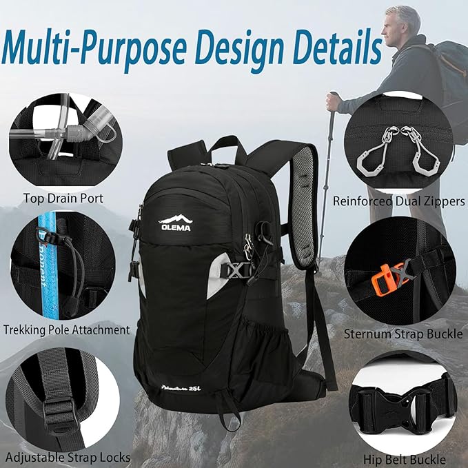 OLEMA Hiking Backpack, 25L Lightweight Travel Backpacks,Camping Daypack for Outdoor Sports,Lightweight Travel Camping Backpack for Men Women