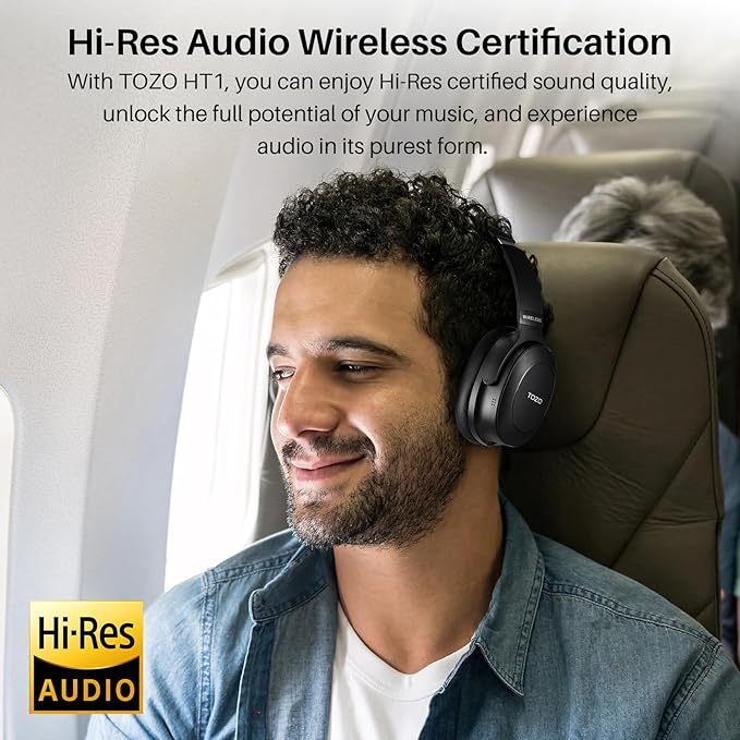 TOZO Hybrid Active Noise Cancelling Headphones, Wireless Over Ear Bluetooth Headset, 40H Playtime, Hi-Res Audio Custom EQ via App Deep Bass Comfort Fit Ear Cups, for Home Office Travel Black