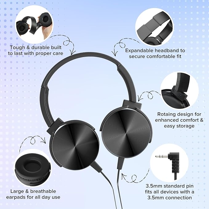 5 Pack Wired Bulk Kids Headphones for School Classroom K-12,On Ear with 3.5mm Jack, 4ft Tangle Free Cable,Ideal for Chromebook,Computer,Laptop (HTC004 Black)
