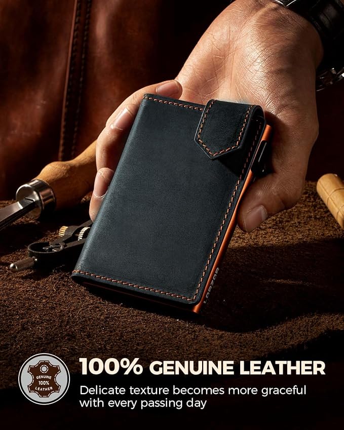 LORZOR Slim Wallet for Men with Security Latch, Pop Up Metal Card Holder Wallet, Finest Full Grain Leather Bifold Wallets, Smart, Minimalist, RFID Blocking, Front Pocket, ID Window