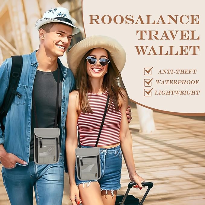 Passport Holder for Travel, Neck Pouch Travel Wallet With RFID Blocking, Waterproof Lightweight Passport Wallet for Women and Men (Gray)