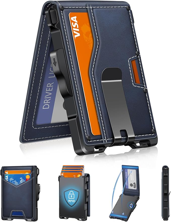 Wallet for Men, Minimalist Slim Mens Wallet with Money Clip, RFID Blocking Smart Pop Up Card Wallet with ID Window, Compact Bifold Wallet,Metal Aluminum Credit Card Holder