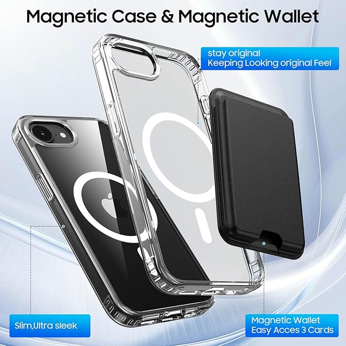Ntwinro Magnetic for iPhone 16e Clear Case (Compatible with MagSafe) with Black Detachable Wallet & Card Holder for 3 Cards [RFID Blocking] Military Grade Protective Slim Phone Cover