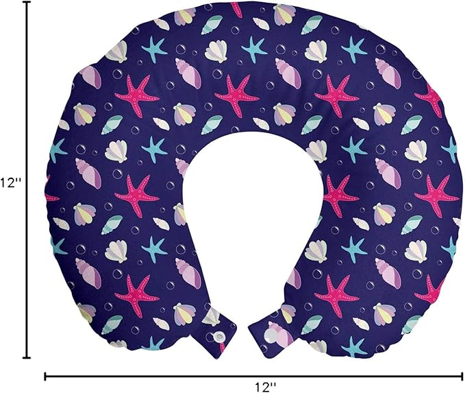 Ambesonne Navy and Blush Travel Pillow Neck Rest, Nautical Marine Pattern with Shells Starfishes and Bubbles Aquatic Wildlife, Memory Foam Traveling Accessory for Airplane and Car, 12", Purple Pink
