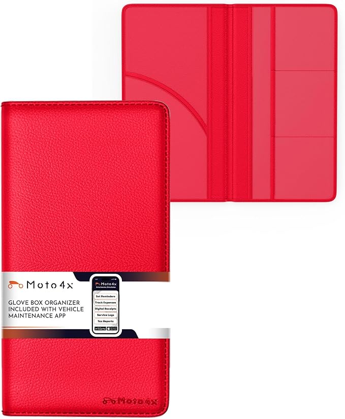 Red Magnetic Shut Premium PU Leather Insurance and Registration Holder, Glove Box Organizer for Car, Stylish Car Accessories, Organize Vehicle Documents with flair, Size 9.5 in x 5.1 in