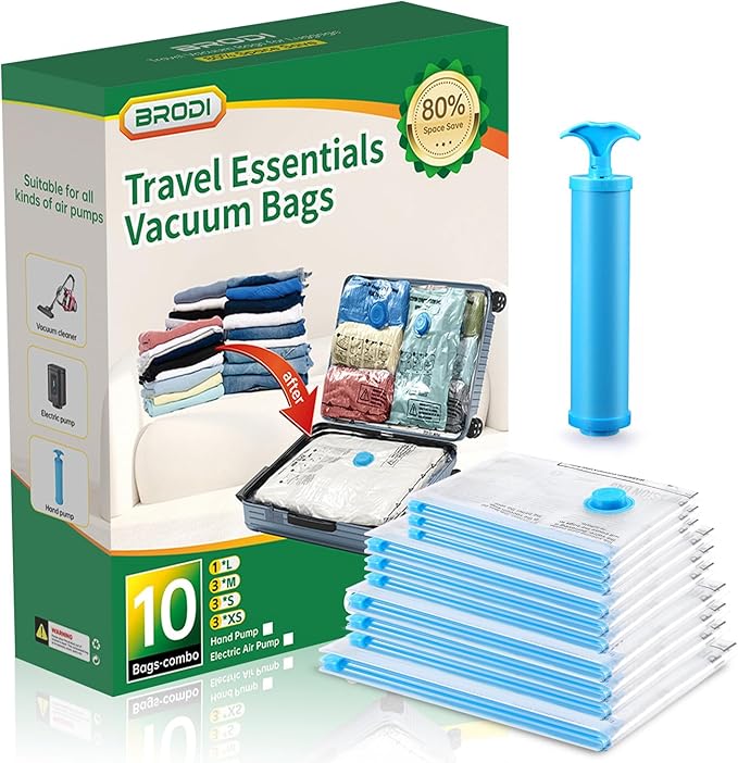 BRODI Travel Vacuum Bags With Pump - Compression Storage Bags for Space Saving & Luggage Essentials (10 Combo Pack)