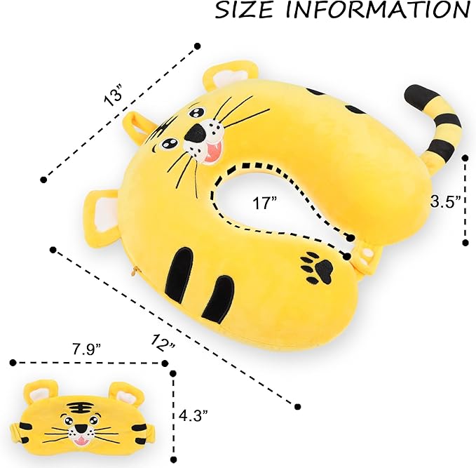 Sexysamba Cartoon Headrest & Neck Pillow for Kids Boys & Girls, Teens, Travel Accessories for Airplane, Car, Recline, Memory Foam Cute Travel Pillow with Sleep Eye Mask - Tiger