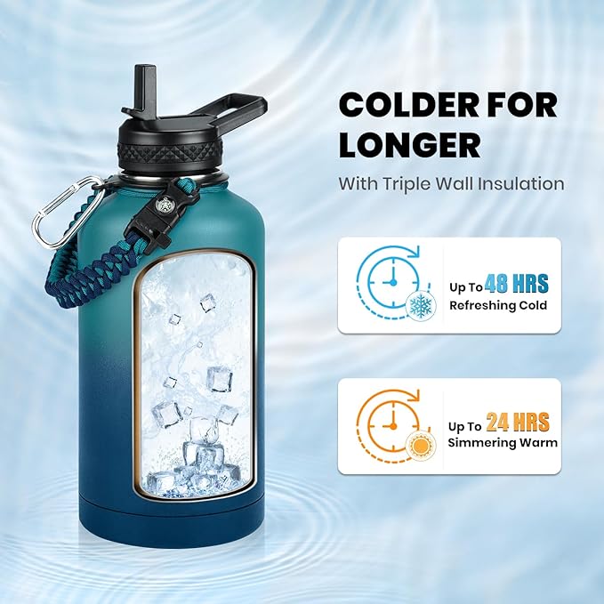 Insulated Water Bottle 64 oz, Triple Wall Vacuum Stainless Steel (Cold for 48 Hrs), Leak Proof & Non-BPA, Half Gallon Water Flask Jug with Paracord Handle & Straw Spout Lids, Cyan Blue