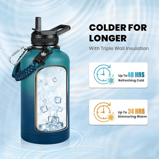 Insulated Water Bottle 64 oz, Triple Wall Vacuum Stainless Steel (Cold for 48 Hrs), Leak Proof & Non-BPA, Half Gallon Water Flask Jug with Paracord Handle & Straw Spout Lids, Cyan Blue